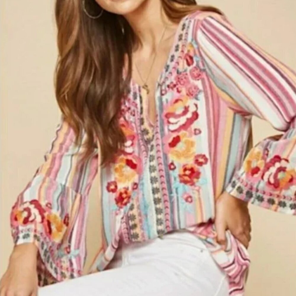 Andree by Unit SZS Pink Stripe Heavy Embroidered Top Romantic Boho Cottage Comfy